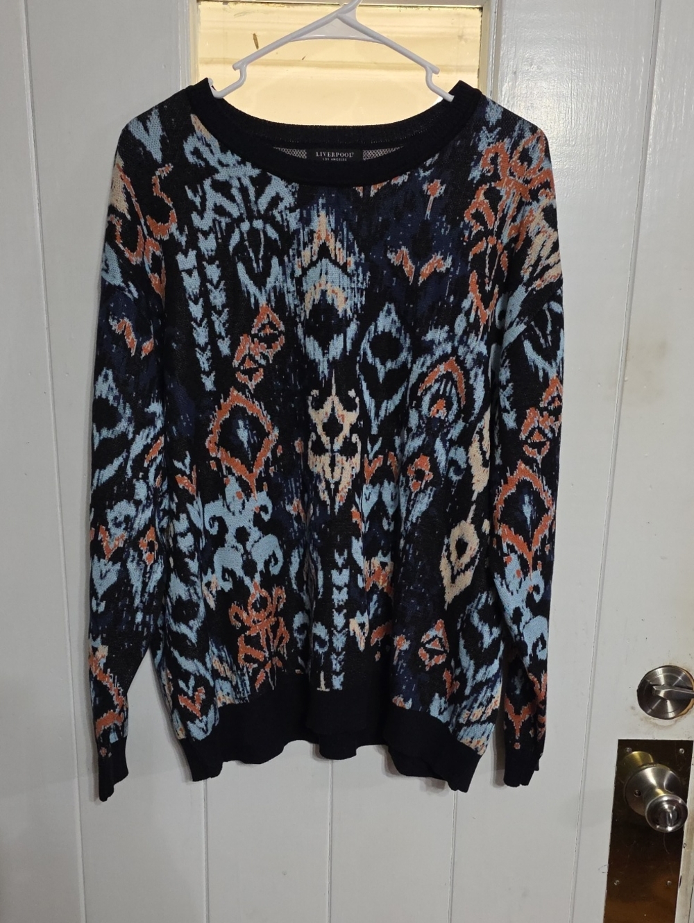 NWT Liverpool Women's Sweater Crew Neck Navy Abstract Pattern Cozy Knit Sz 2X